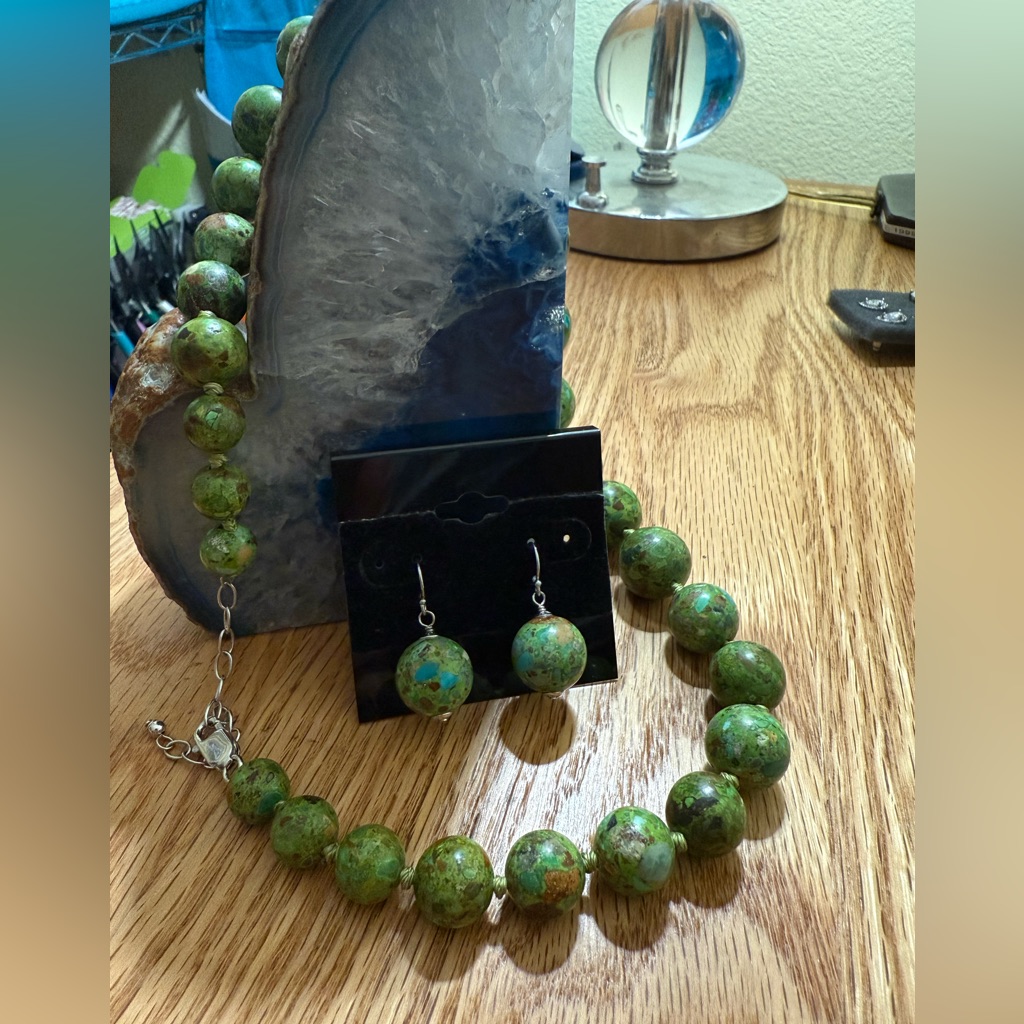 Ail 925 By:Aluma Green Mosaic Beaded Graduated Necklace+ Earrings Set,17” Bnwot